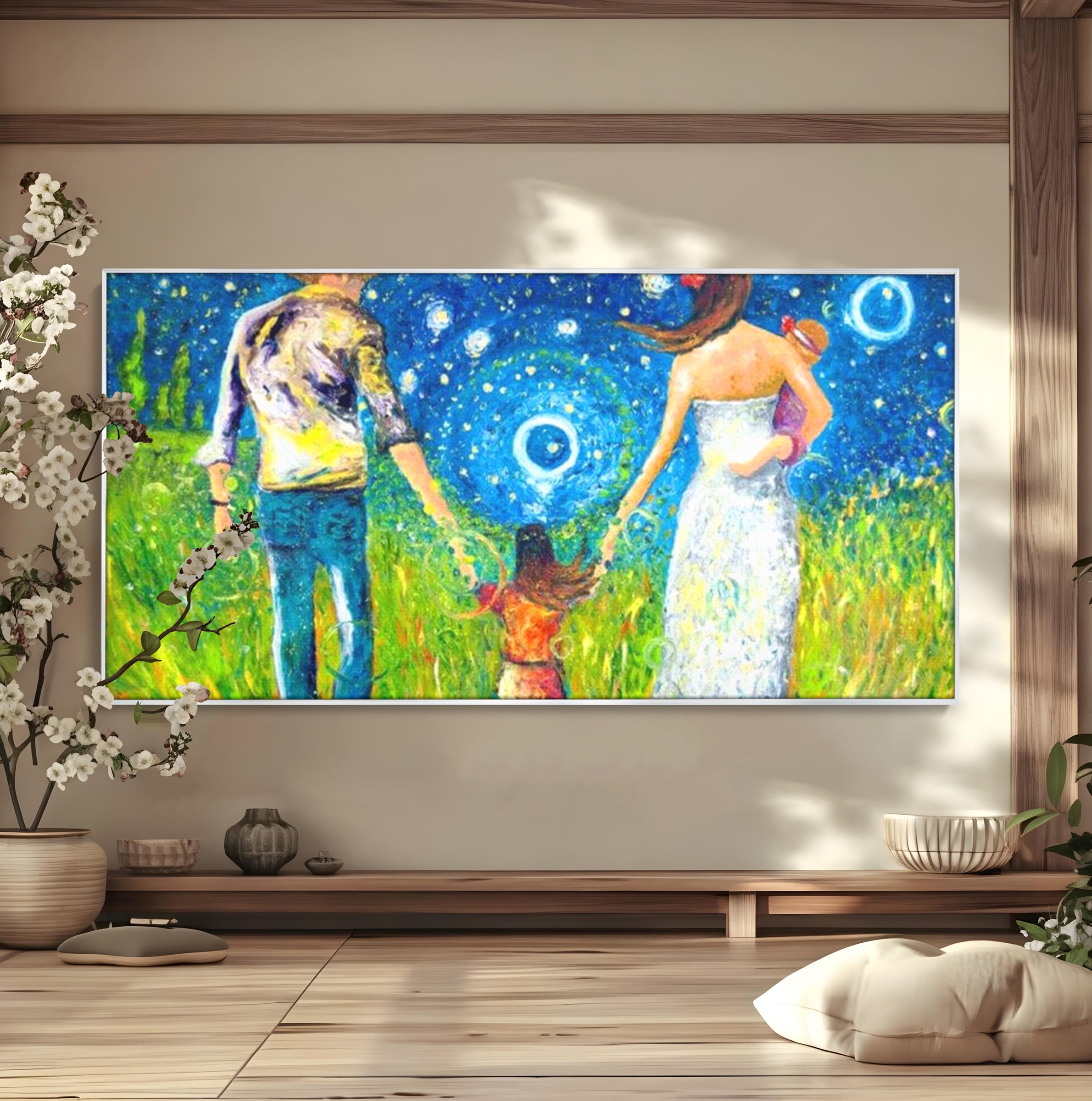 Tablou canvas cu pictura cu familie pe camp sub cer instelat, in rama de aluminiu argintiu